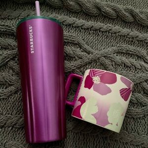 Starbucks Winter 2022 Purple Stainless Steel Tumbler and Purple/White Flower Mug